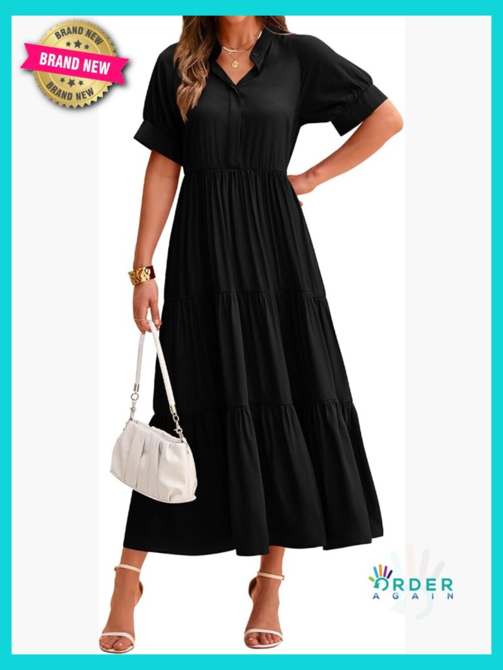 Boho Flowy Swing Dress Casual Short Sleeve Button Up Loose Fit Midi